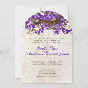 Purple & Green Cherry Blossom Tea Stain  Invitation