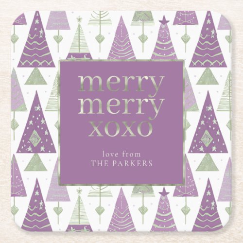 Purple Green Christmas Merry Pattern25 ID1009 Square Paper Coaster
