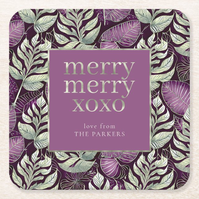 Purple Green Christmas Pattern#29 ID1009 Square Paper Coaster (Front)