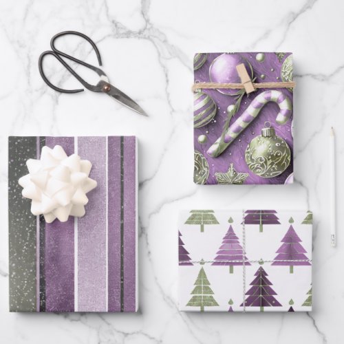 Purple Green Christmas Patterns 122427 ID1009 Wrapping Paper Sheets