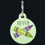 Purple Green Crayon Art Class Teacher Supplies Pet ID Tag<br><div class="desc">Pet tag design features an original illustration of a pair of green and purple coloring book crayons. Just personalize with the name of your dog or cat. Lots of coordinating pet products are also available from this shop! Don't see exactly what you're looking for? Contact Rebecca to have a product...</div>