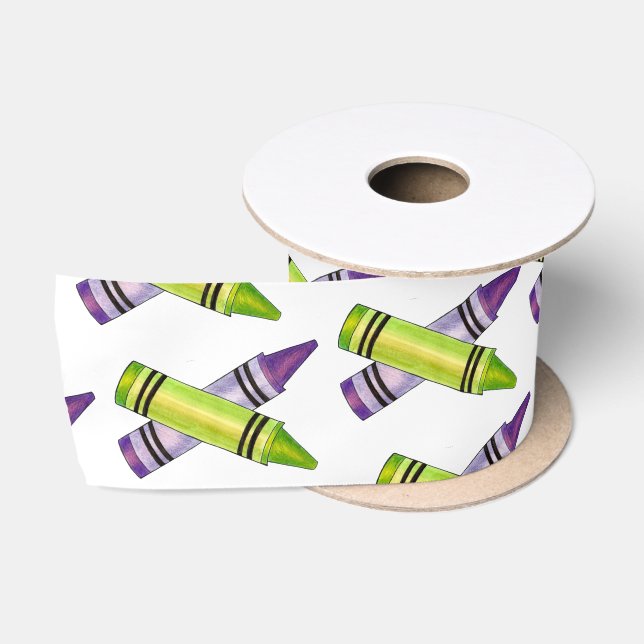 Purple Green Crayon Art Supplies Teacher Artist  Satin Ribbon (Spool)