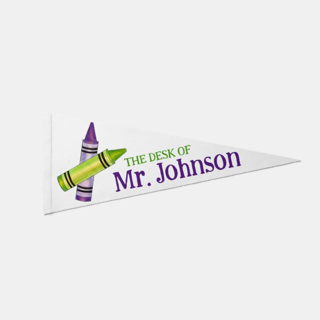 Purple Green Crayons School Teacher Art Classroom Pennant Flag (Front)