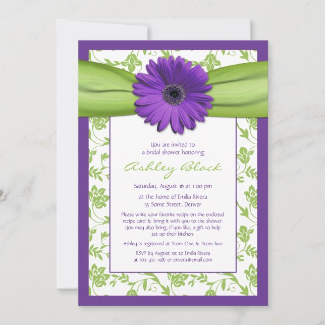 Purple Green Daisy Damask Bridal Shower Invitation (Front)