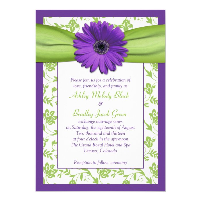 Purple Green Daisy Damask Wedding Invitation