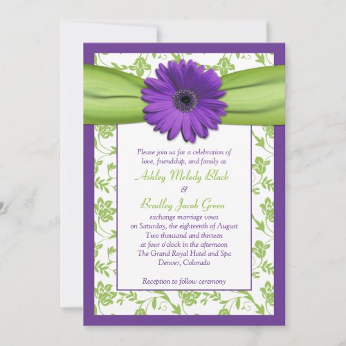 Purple Green Daisy Damask Wedding Invitation