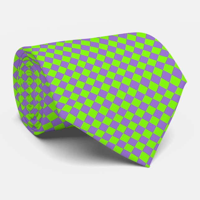 Purple Green Diamond Checker Pattern Neck Tie (Rolled)