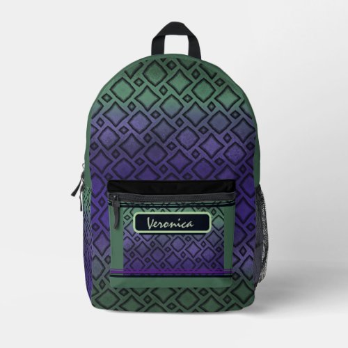 Purple Green Diamond Pattern  Printed Backpack