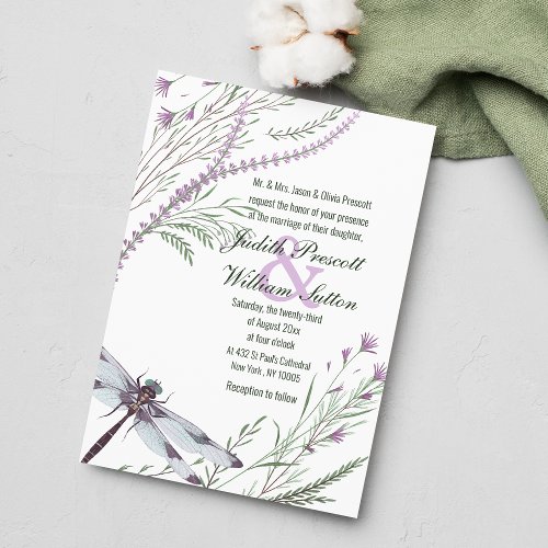 Purple Green Dragonfly Watercolor Floral Wedding  Invitation