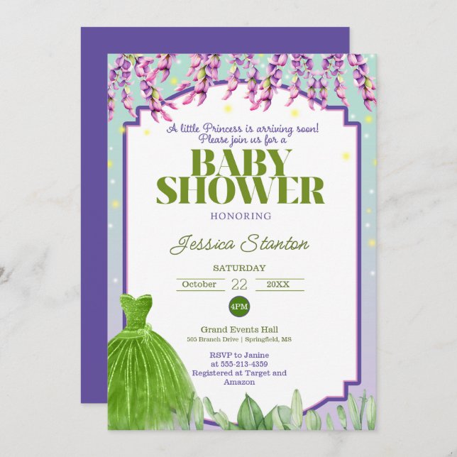 Purple Green Dress and Pink Baby Shower Invitation (Front/Back)