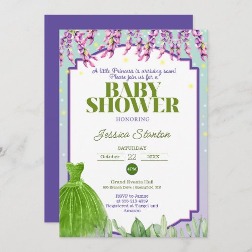 Purple Green Dress and Pink Baby Shower Invitation