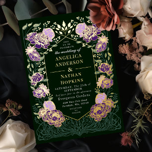 Purple Green Enchanted Floral Garden Wedding  Foil Invitation