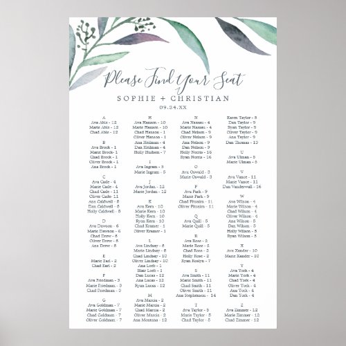 Purple Green Eucalyptus Alphabetical Seating Chart