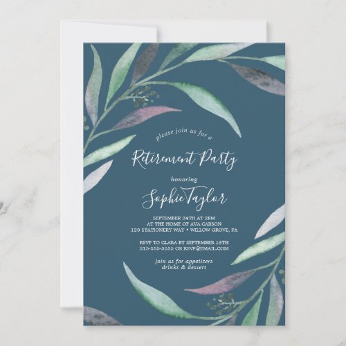 Purple  Green Eucalyptus  Blue Retirement Party Invitation