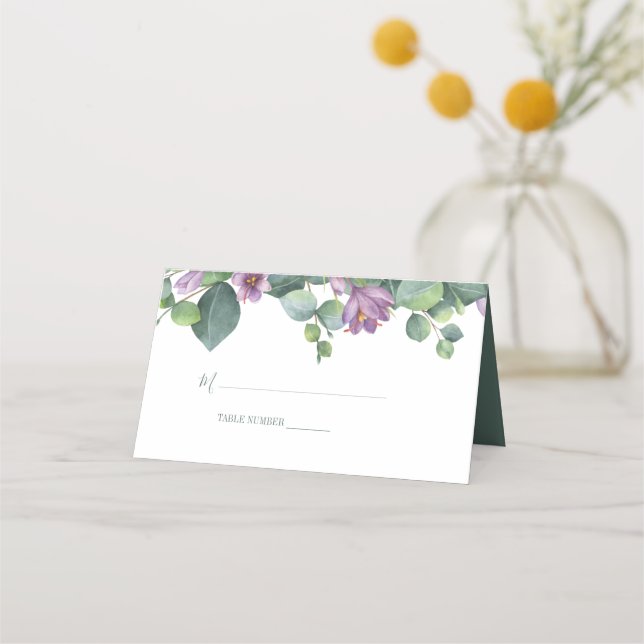 Purple Green Eucalyptus Floral Greenery Wedding Place Card (Front)