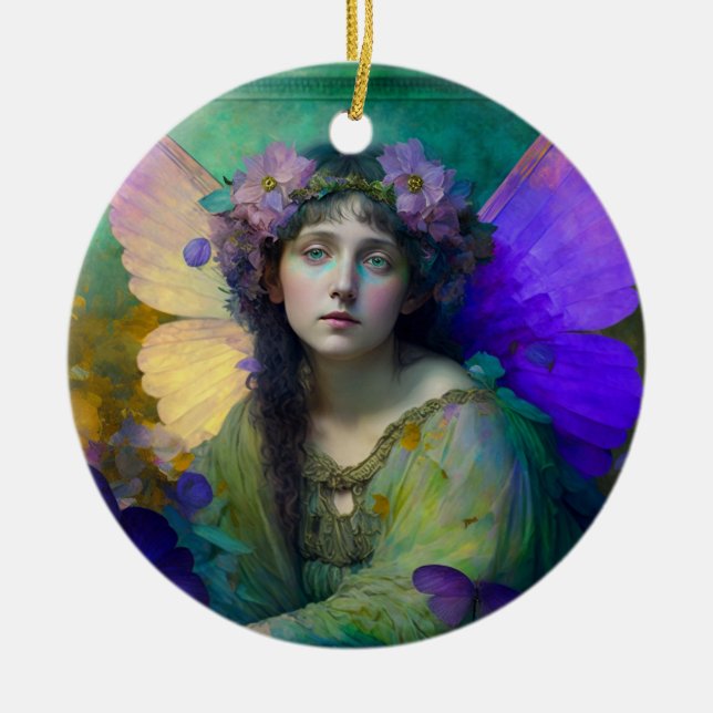 Purple Green Fairy Fantasy Art Ceramic Ornament (Front)