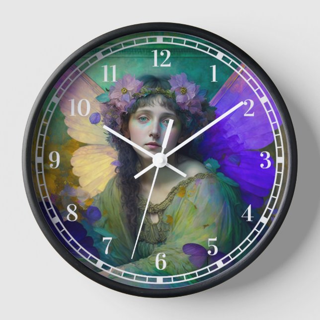 Purple Green Fairy Fantasy Art Clock (Front)
