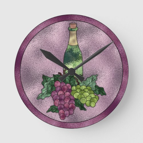 Purple Green Faux Stained Glass Wine and Grapes Round Clock