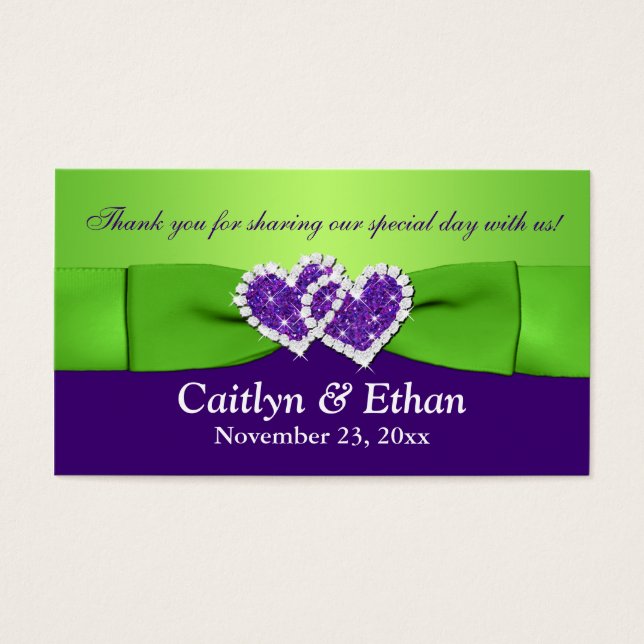 Purple, Green Floral and Joined Hearts Favor Tag (Front)