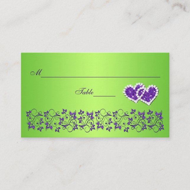 Purple, Green Floral and Joined Hearts Place Card (Front)