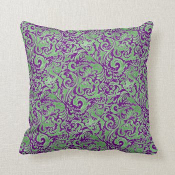 Purple Green Floral Batik Throw Pillow by PandaCatGallery at Zazzle