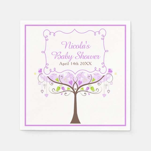 Purple & Green Floral Bird Baby Shower  Napkins (Front)