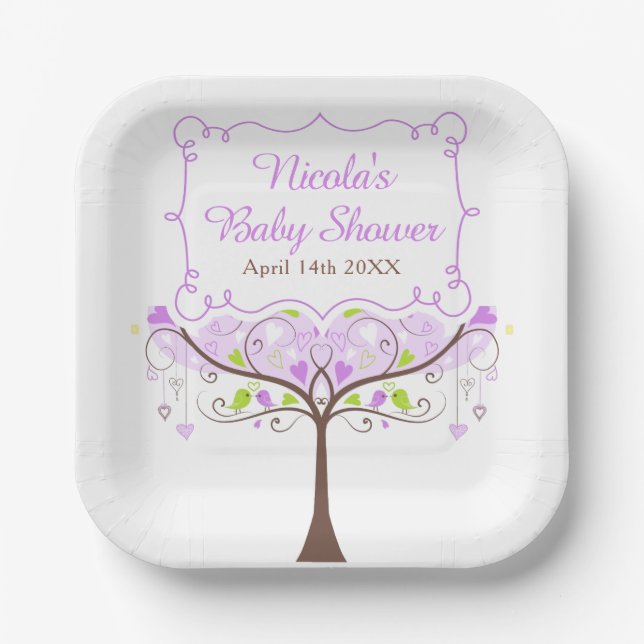 Purple & Green Floral Bird Baby Shower Paper Plates (Front)