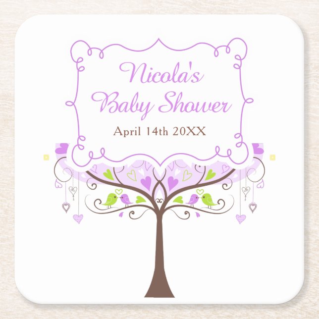 Purple & Green Floral Bird Baby Shower Square Paper Coaster (Front)