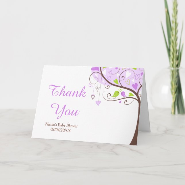 Purple & Green Floral Bird Baby Shower Thank You Card (Front)