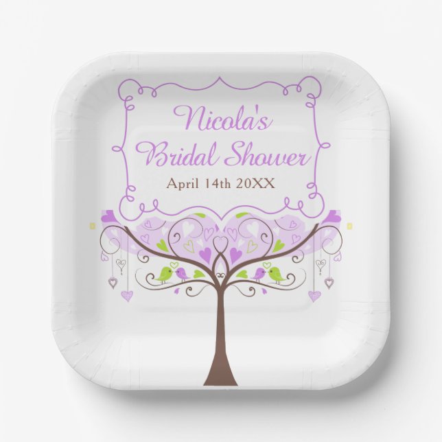 Purple & Green Floral Bird Bridal Shower  Paper Plates (Front)