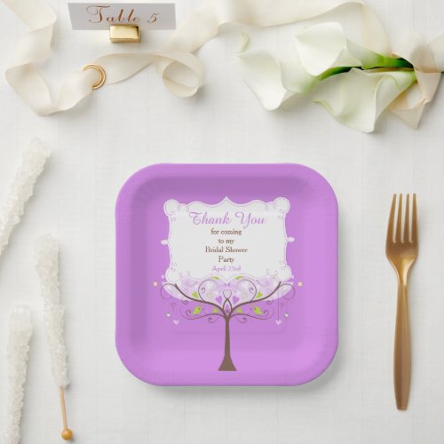 Purple  Green Floral Bird Bridal Shower Thank You Paper Plates