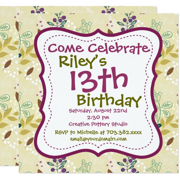 Purple Green Floral Birthday Party Invitations