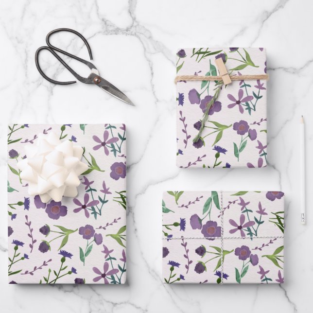 Purple Green Floral Feminine Watercolor  Wrapping Paper Sheets (Front)