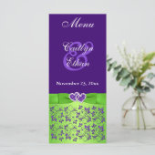 Purple, Green Floral, Hearts Menu Card (Standing Front)