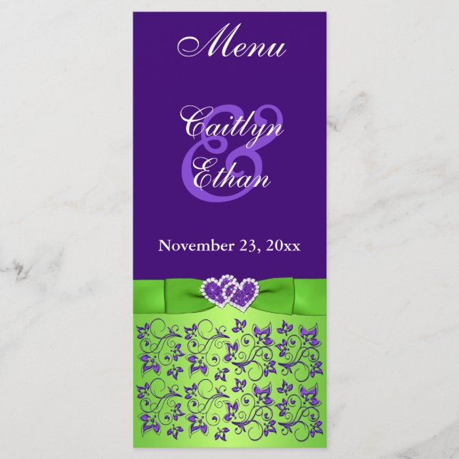 Purple, Green Floral, Hearts Menu Card (Front)