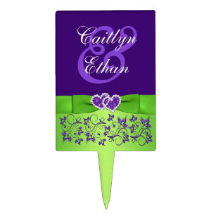 Purple, Green Floral, Hearts Wedding Cake Pick