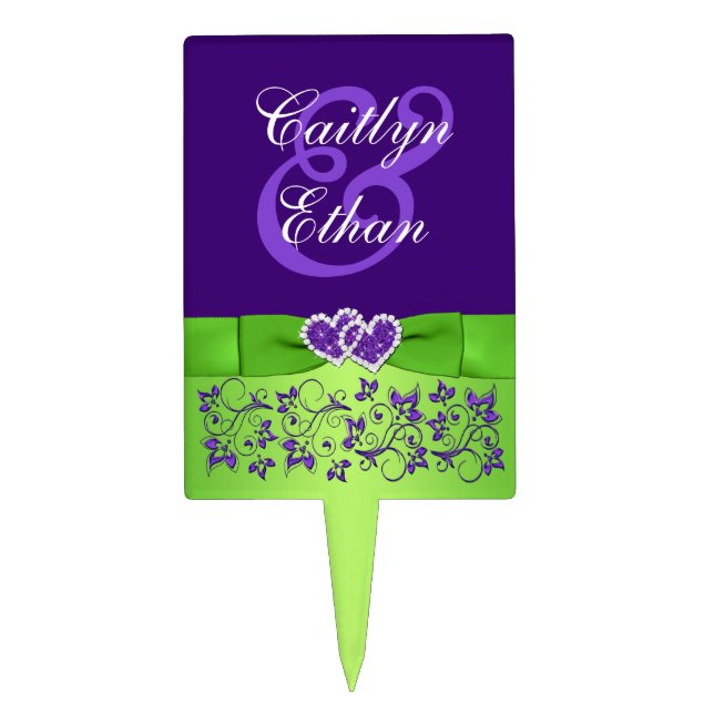 Purple, Green Floral, Hearts Wedding Cake Pick (Front)