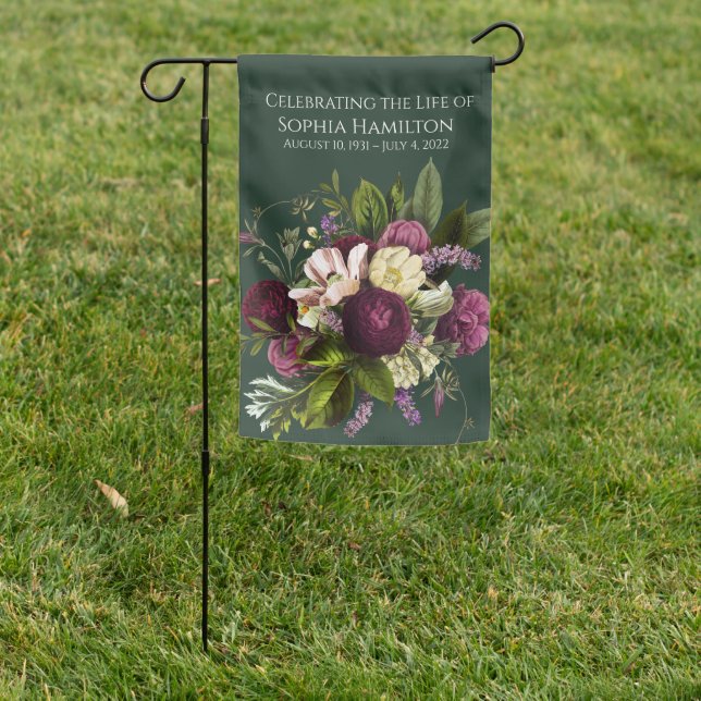 Purple Green Floral Memorial Funeral  Garden Flag (In SItu)