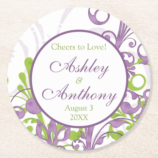Purple Green Floral Personalized Wedding Round Paper Coaster (Front)