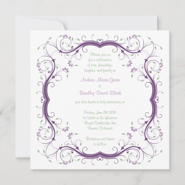 Purple Green Floral Scroll Wedding Invitation (Front)