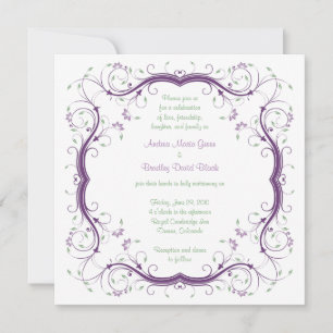 Purple Green Floral Scroll Wedding Invitation