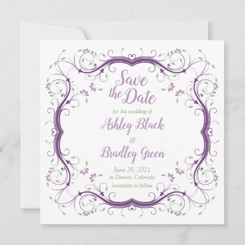 Purple Green Floral Scroll Wedding Save the Date