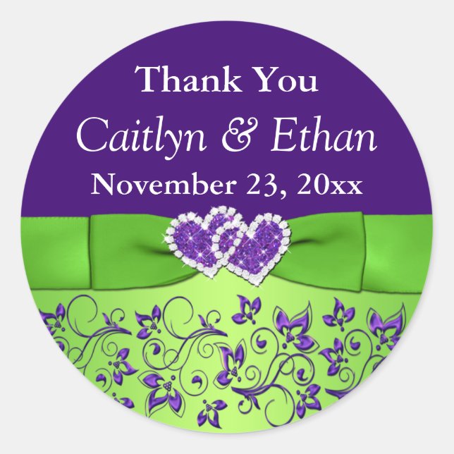 Purple, Green Floral Wedding Favor Sticker (Front)