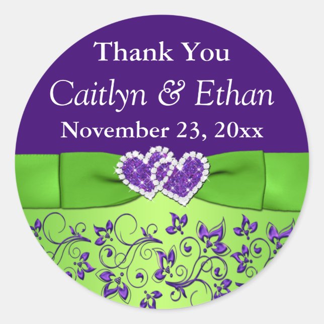 Purple, Green Floral Wedding Favor Sticker (Front)