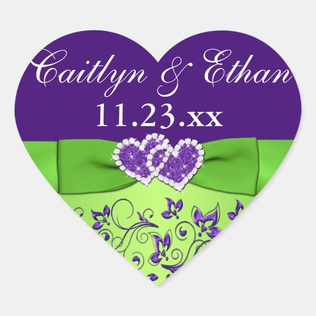 Purple, Green Floral Wedding Favor Sticker (Front)