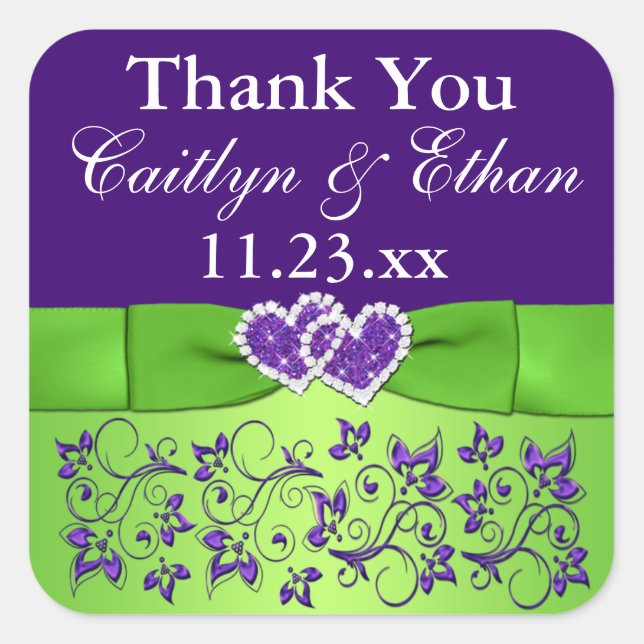 Purple, Green Floral Wedding Favor Sticker (Front)