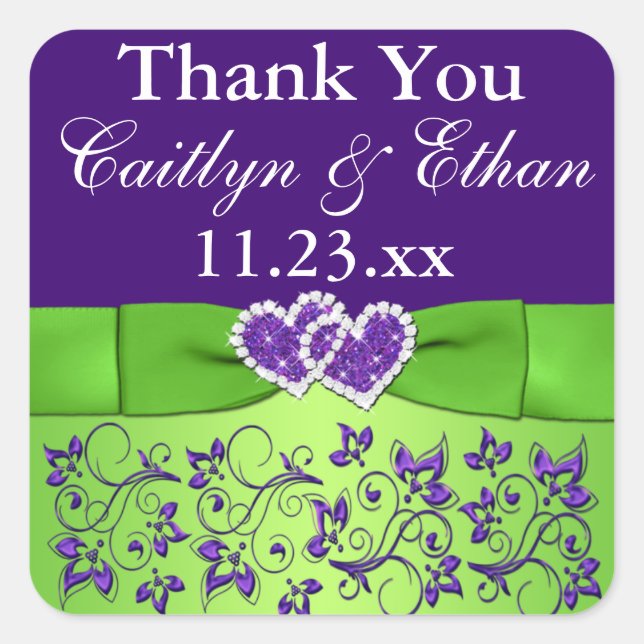 Purple, Green Floral Wedding Favor Sticker (Front)