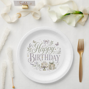 Purple Green Florals Happy Birthday Paper Plates
