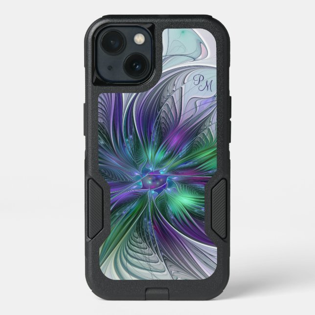 Purple Green Flower Abstract Art Fractal Monogram Otterbox iPhone Case (Back)