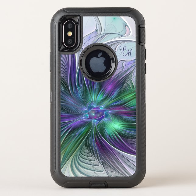 Purple Green Flower Abstract Art Fractal Monogram Otterbox iPhone Case (Back)